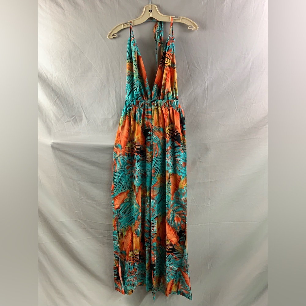 Tropical Print Tie Backless Split Thigh Halter Jumpsuit - Picture 7 of 8